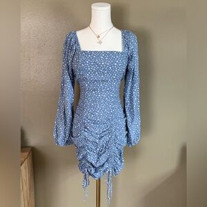 Wild Fable Blue Ruched Smocked Dress with White Ditsy Floral Print